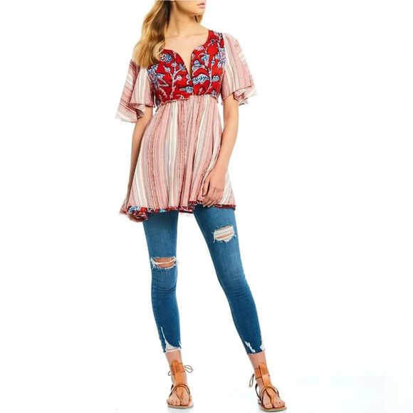 Free People Under the  Sun Tunic Top Red Rome - Picture 6 of 13